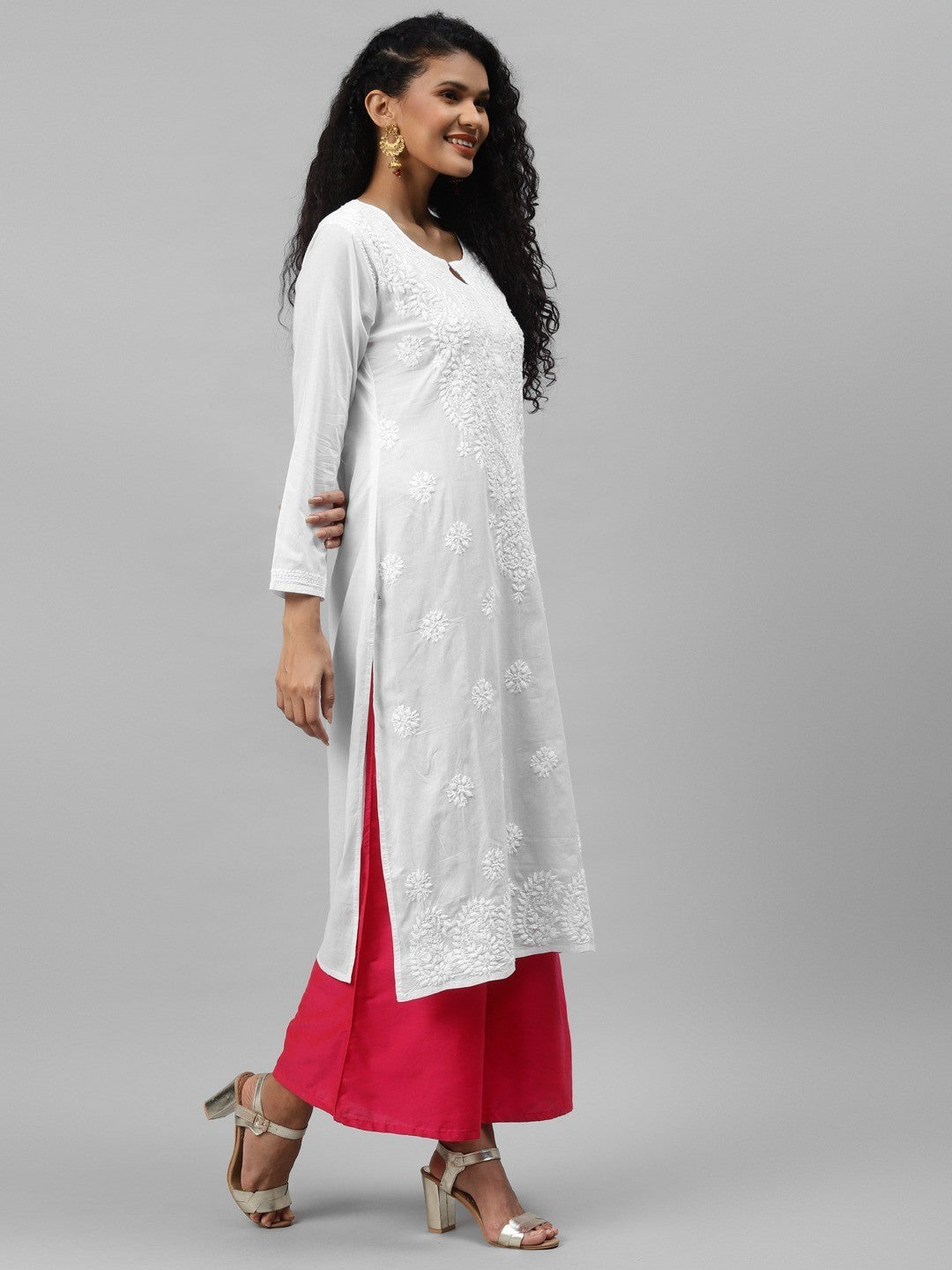 Ada Hand Embroidered White Cotton Lucknowi Chikankari Straight Kurta A213461