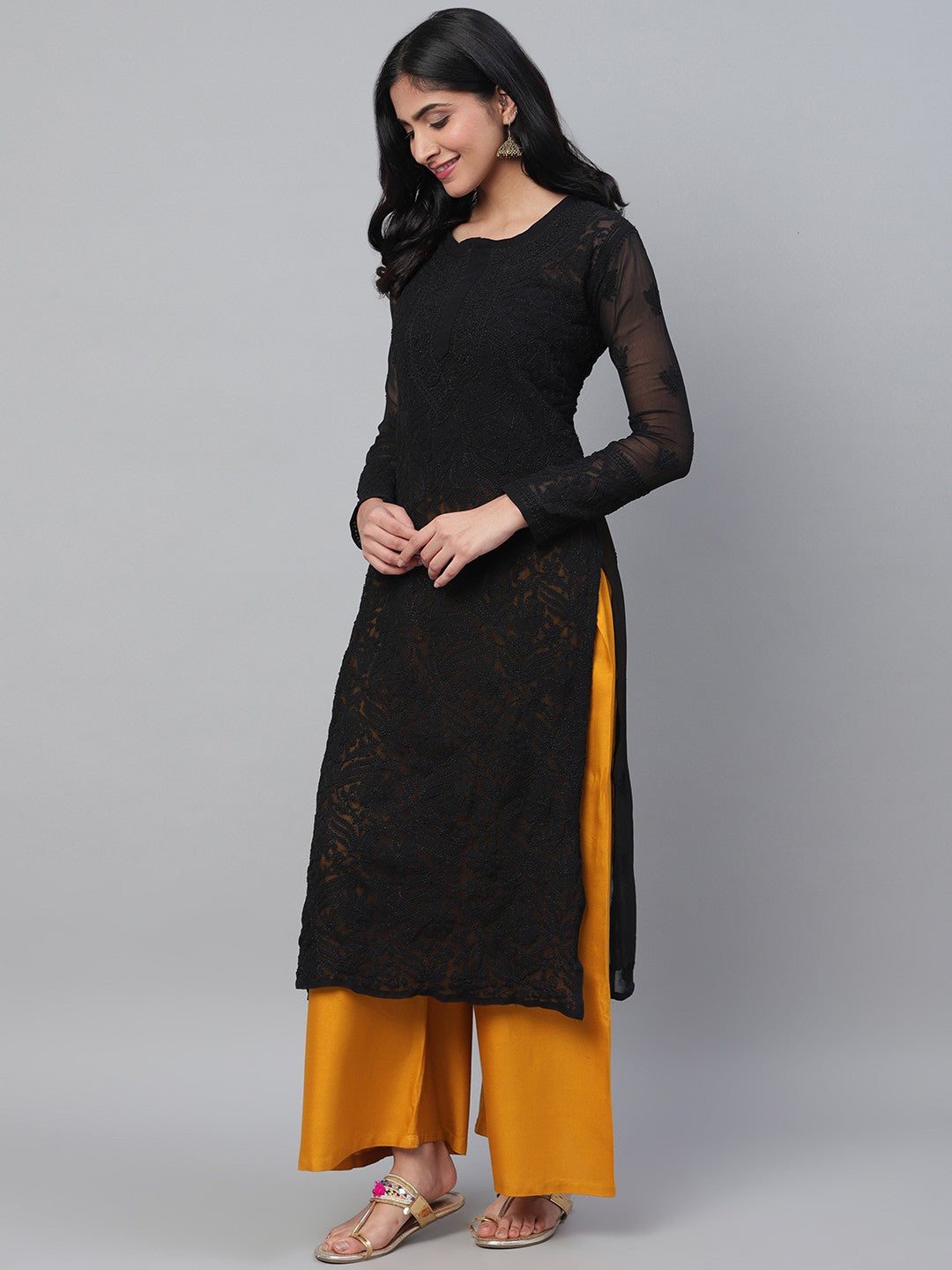 Ada Hand Embroidered Black Georgette Lucknow Chikankari Kurta A100589