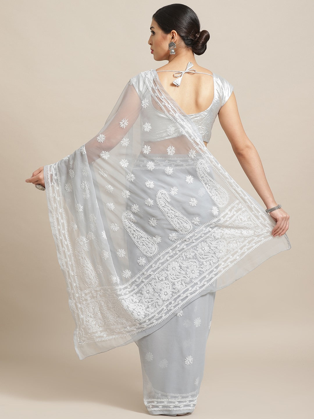 Ada Hand Embroidered Grey Georgette Lucknow Chikan Saree with Blouse A100573