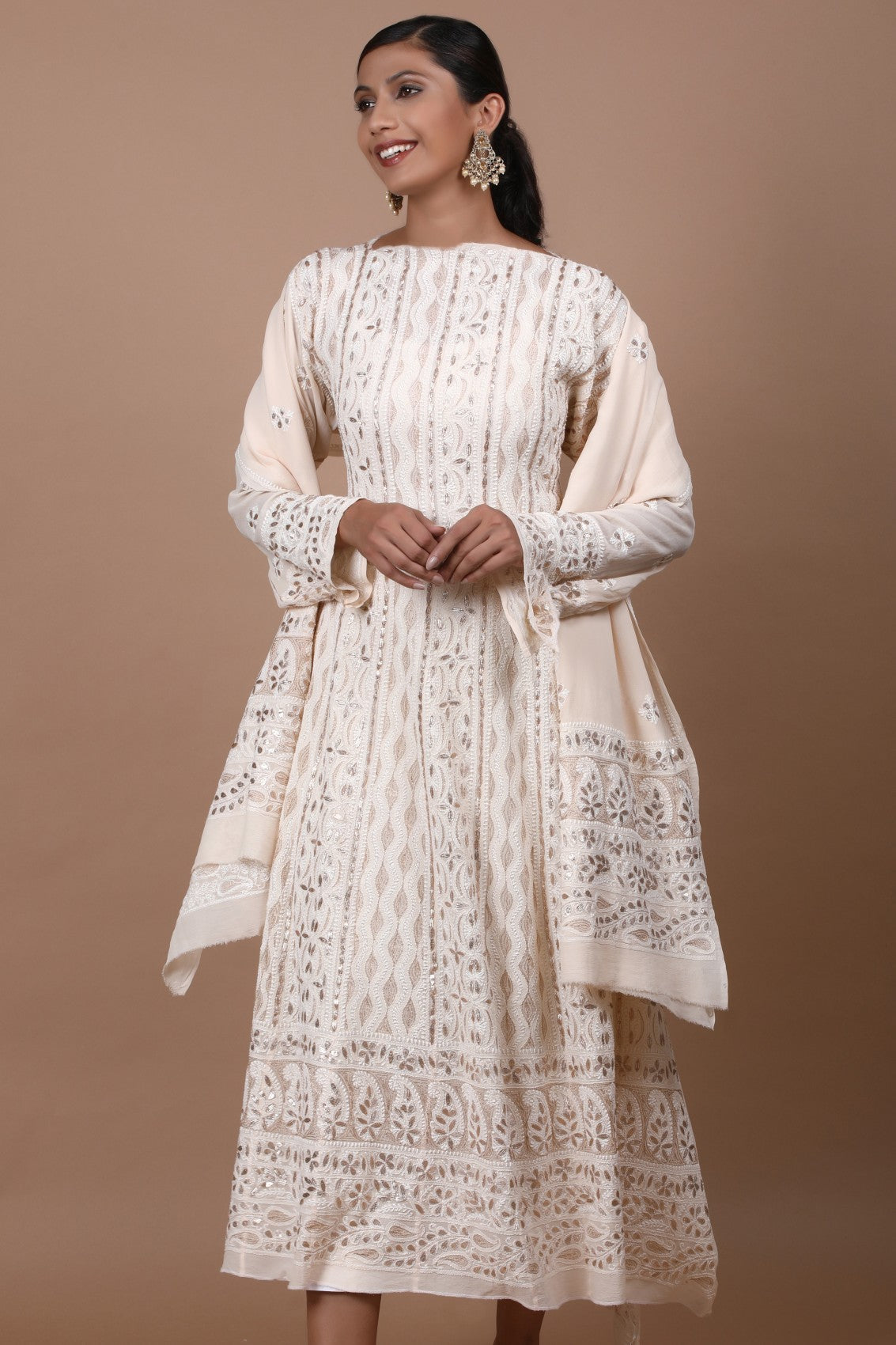Ada Hand Embroidered Cream Pure Georgette Lucknowi Chikankari Semi-Stitched Anarkali Kurta Dupatta Set With Gota Patti Work 01A174899