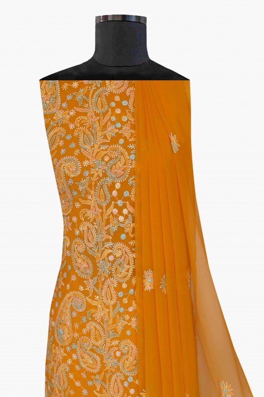 Ada Hand Embroidered Mustard Georgette Lucknowi Chikan Unstitched Suit Piece A211173