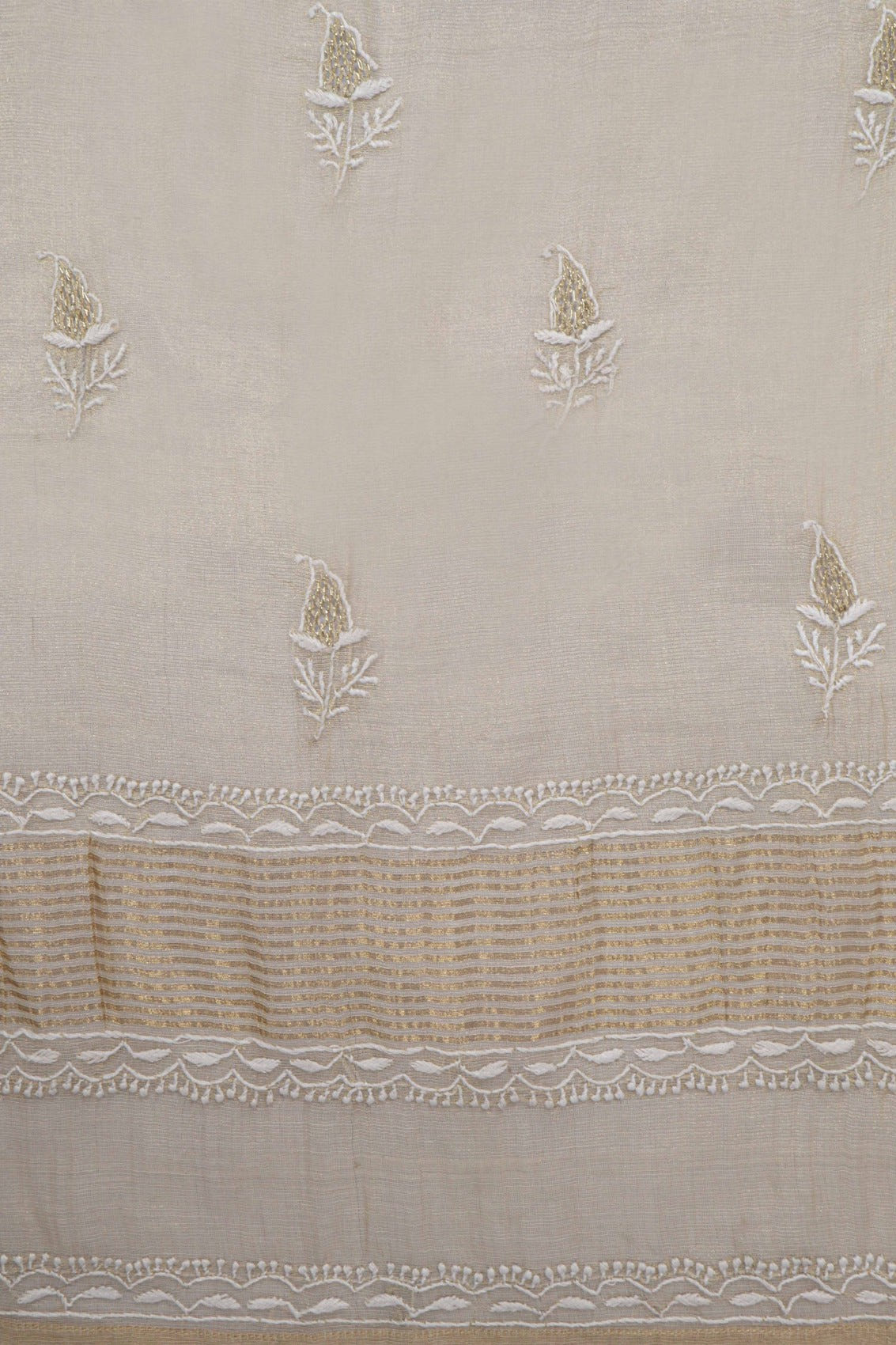 Ada Hand Embroidered Natural Fawn Tissue Lucknowi Chikankari Semi stitched Anarkali Kurta Dupatta Set With Zari Work 01A224436