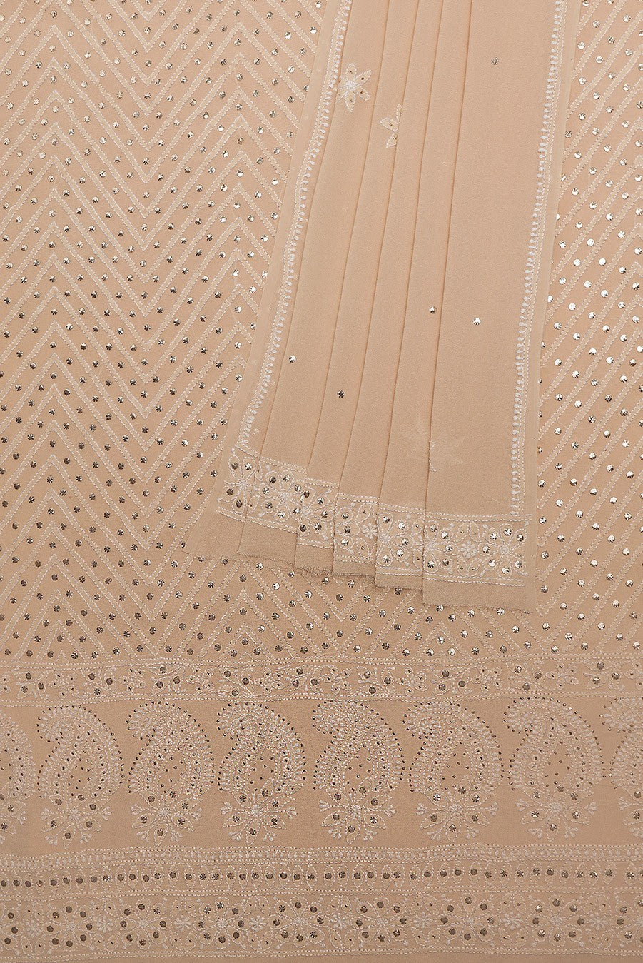 Ada Hand Embroidered Sandcastle Fawn Pure Georgette Lucknowi Chikan Unstitched Kurta Dupatta Set With Muqaish Work- A462221