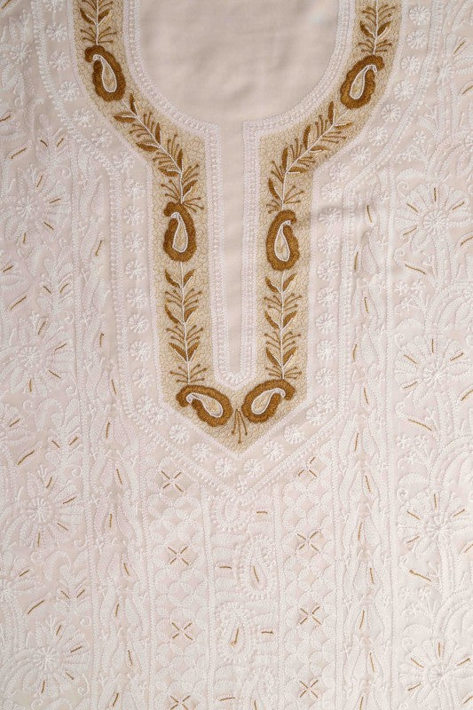 Ada Hand Embroidered White Georgette Lucknowi Chikan Unstitched Kurta Dupatta with Pearl Work A613206