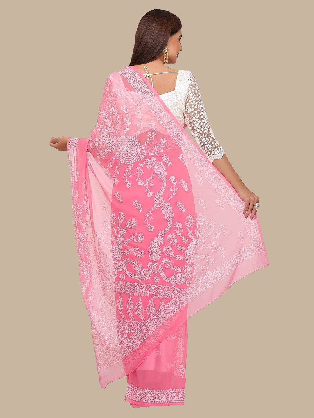 Ada Hand Embroidered Onion Pink Georgette Lucknowi Chikankari Saree With Blouse A191641