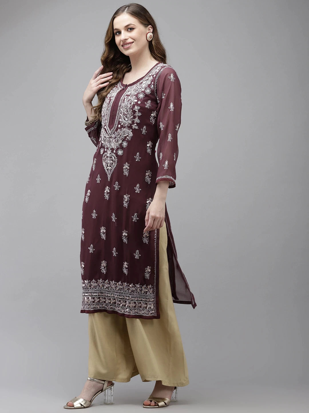 Ada Hand Embroidered Wine Georgette Lucknow Chikan Kurta/Slip with Gota Patti Work A411357