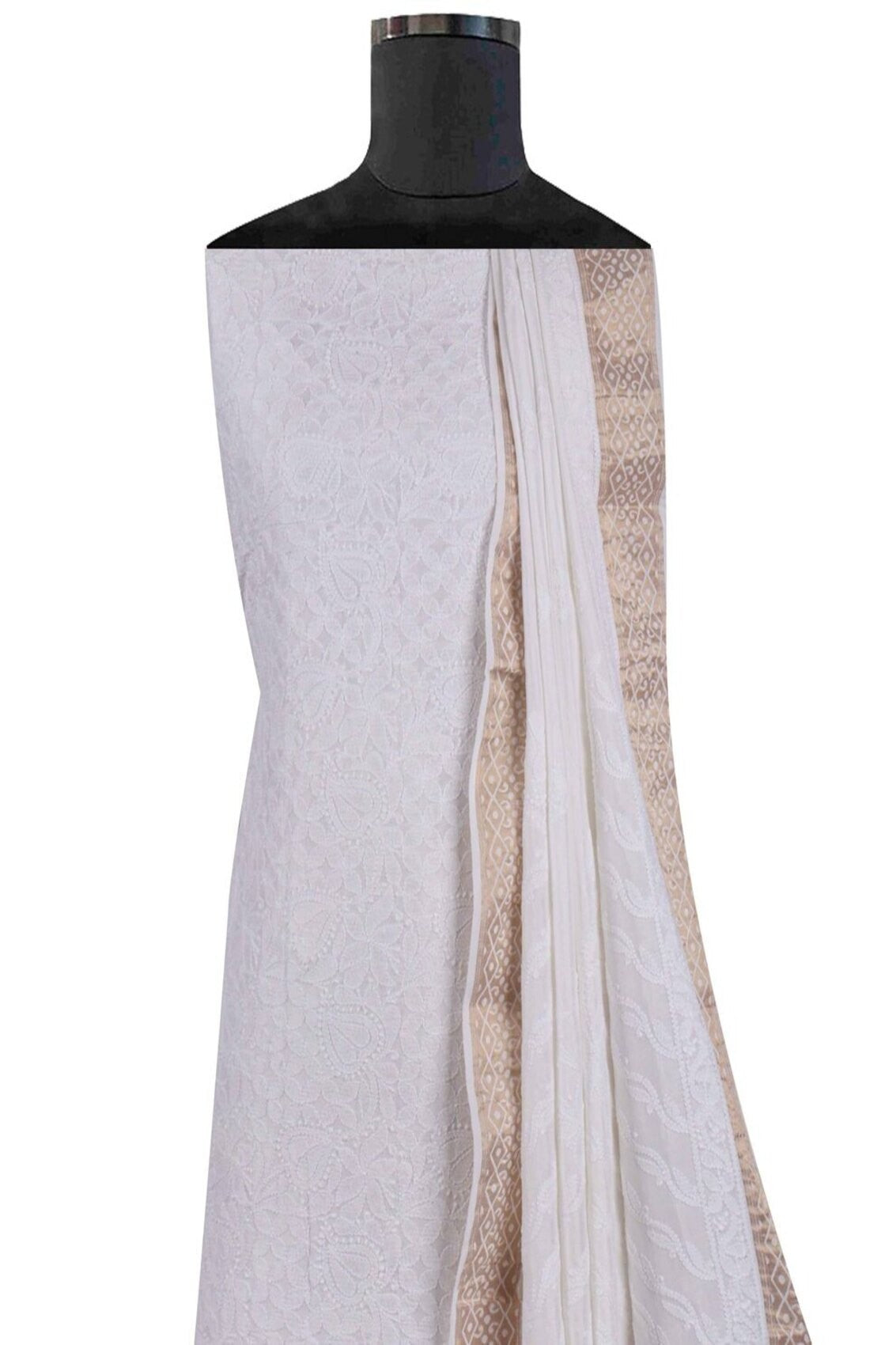 Ada Hand Embroidered White Silk Lucknowi Chikankari Unstitched Kurta Dupatta Set 01A58767