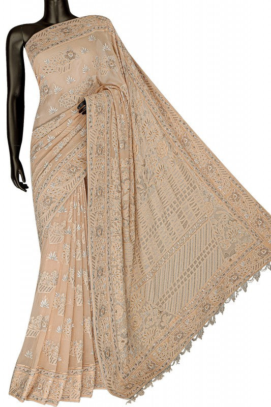 Ada Hand Embroidered Fawn Pure Georgette Lucknowi Chikankari Saree /Blouse With Pearl and Sequinned Work- A163658