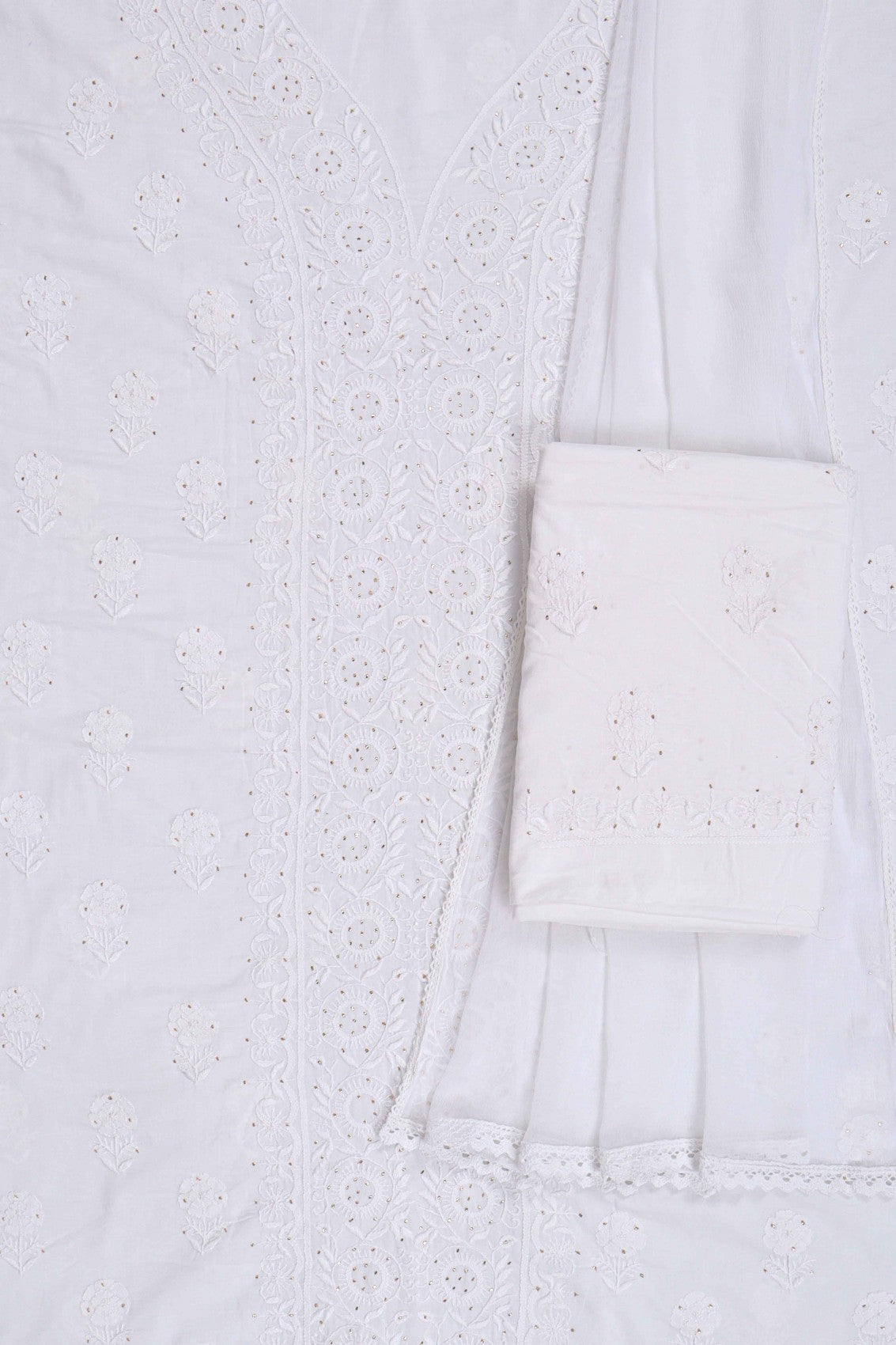 Ada Hand Embroidered White Cotton Lucknowi Chikankari Unstitched Suit Piece With Muqaish Work 01A260001