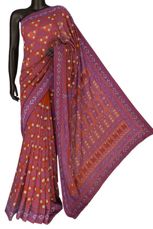 Ada Hand Embroidered Rust Pure Georgette Lucknow Chikan Saree with Blouse A108710