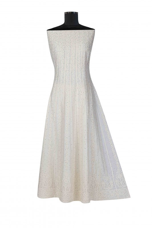 Ada Hand Embroidered White Chanderi Chikan Semi-stitched Anarkali Kurta With Muqaish Work-A520544
