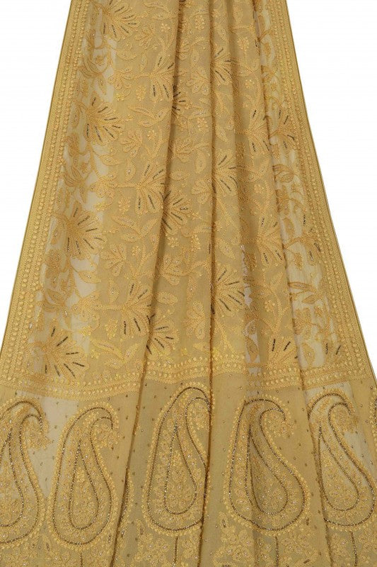Ada Hand Embroidered Gold Mustard Pure Georgette Lucknowi Chikankari Dupatta with Cutdana Work A589250