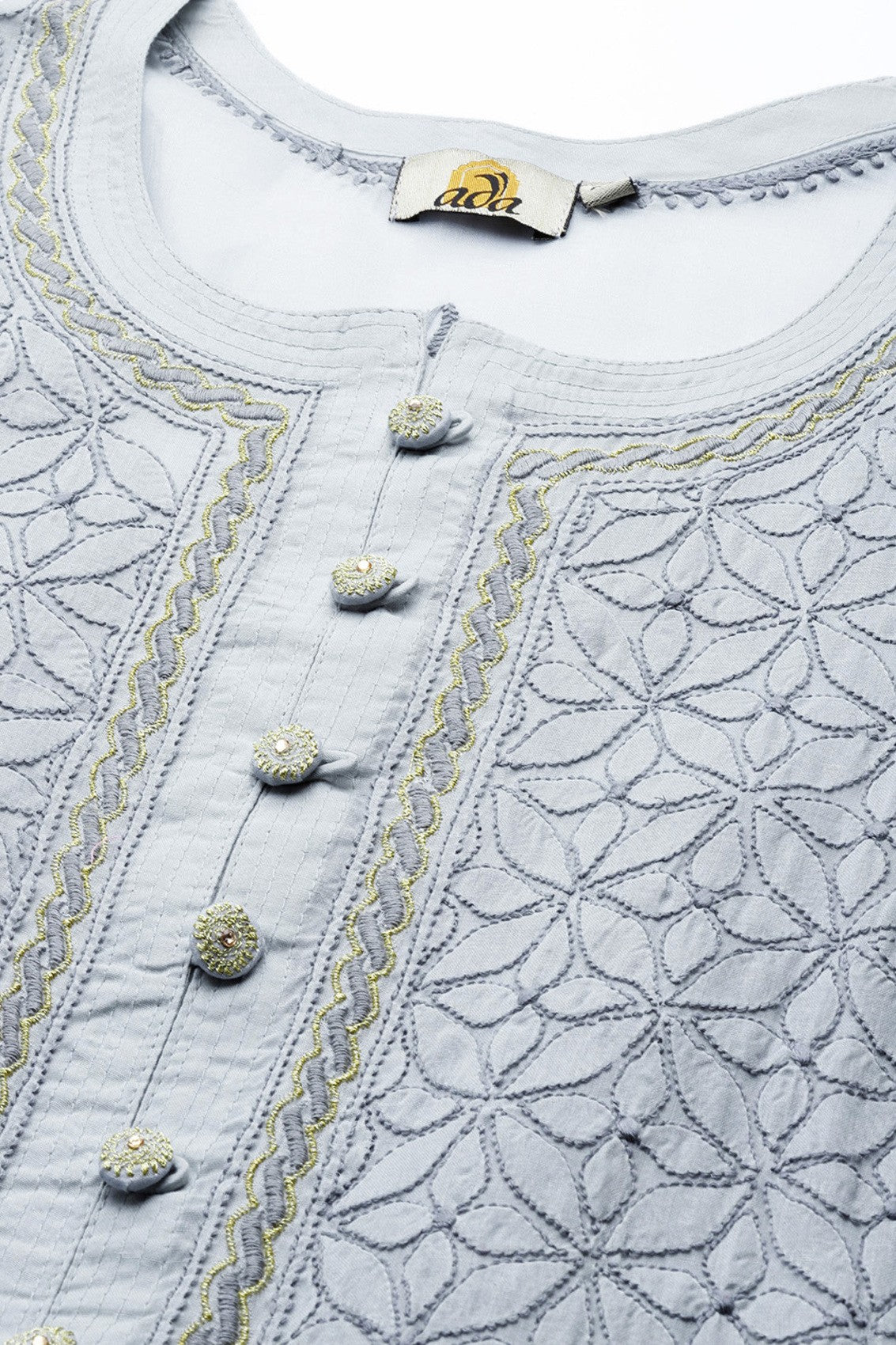 Ada Hand Embroidered Grey Cotton Lucknowi Chikankari Straight  Kurta A411248