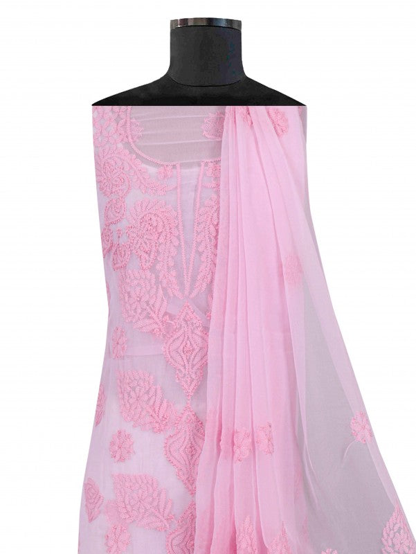 Ada Hand Embroidered Baby Pink Georgette Lucknowi Chikan Unstitched Suit Piece A211228