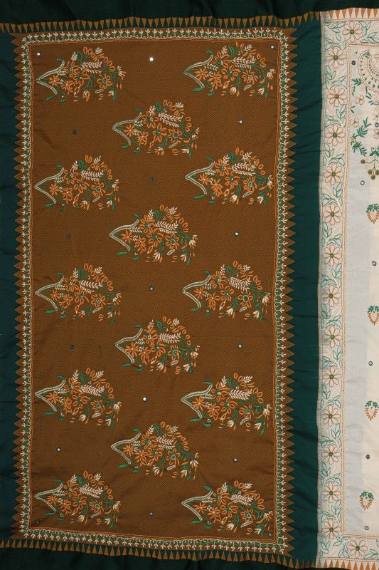Ada Hand Embroidered Cream And Green Dual Shade Silk Lucknowi Chikankari Saree/Blouse With Mirror Work A67386