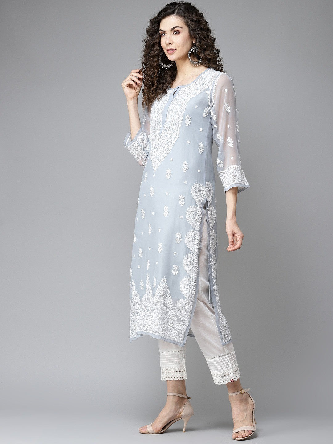 Ada Hand Embroidered Grey Georgette Lucknowi Chikankari Straight Kurta With Slip A411196