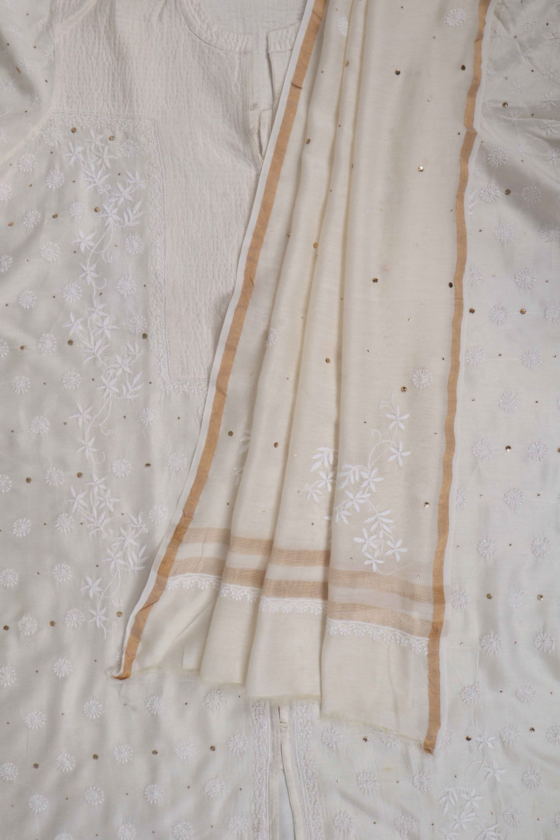 Ada Hand Embroidered Cream Chanderi Lucknowi Chikankari Semi-Stitched Anarkali Kurta Dupatta Set With Muqaish Work A604160