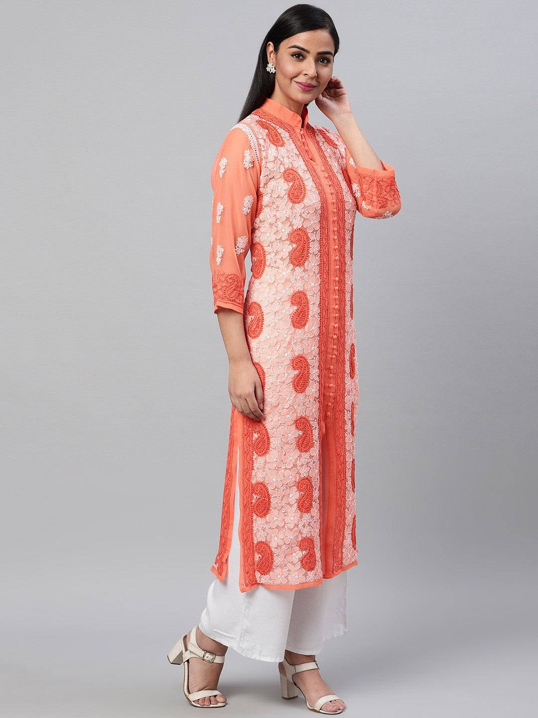 Ada Hand Embroidered Orange Georgette Lucknowi Chikankari Straight Kurta-A272355