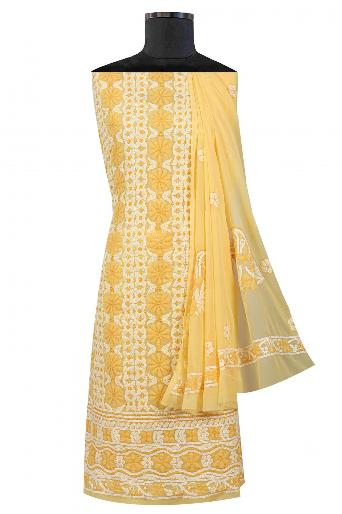 Ada Hand Embroidered Yellow Georgette Lucknowi Chikankari Unstitched Suit Piece 01A151216