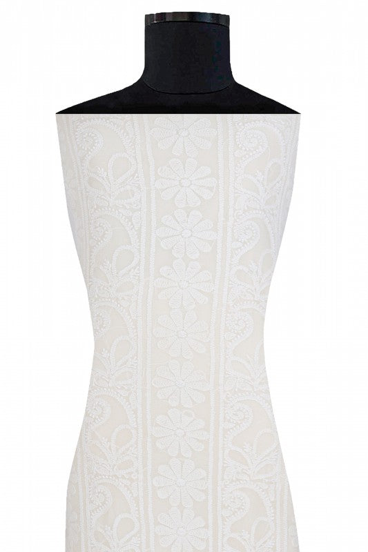 Ada Hand Embroidered White Pure Georgette Lucknowi Chikan Unstitched Kurta Piece- A505478