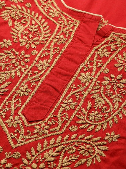 Ada Hand Embroidered Red Cotton Lucknowi Chikankari Straight Kurti A250381