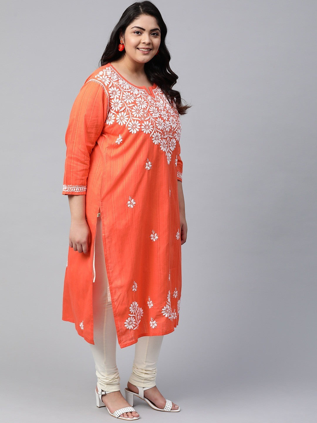 Ada Hand Embroidered Coral Orange Cotton Lucknow Chikankari Kurta A411167