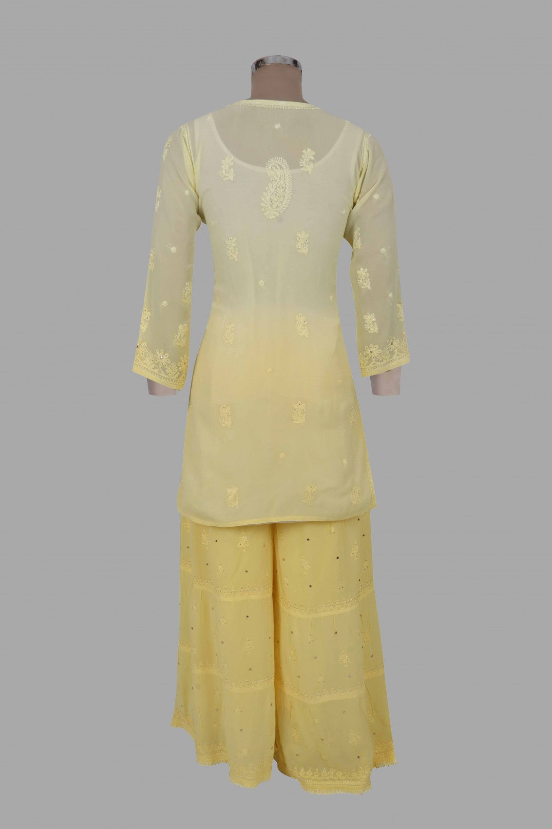 Ada Hand Embroidered Yellow Georgette Lucknowi Chikankari Kurta Dupatta And Palazzo Set With Muqaish Work 01A227745