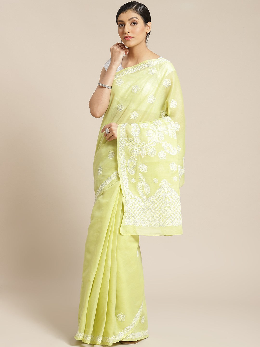 Ada Hand Embroidered Light Green Cotton Lucknow Chikan Saree With Blouse-A311159
