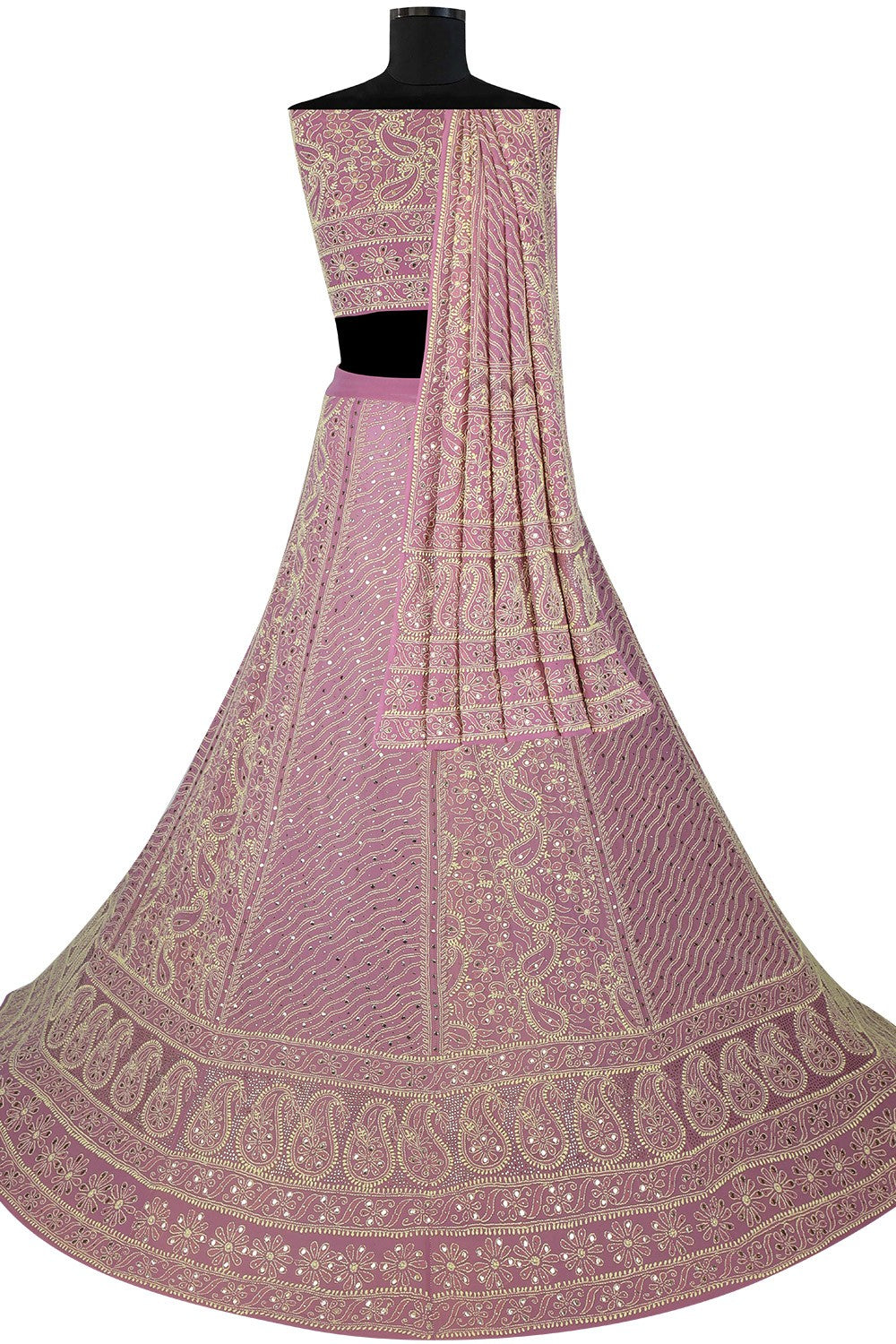 Ada Hand Embroidered Lilac Mauve Shaded Pure Georgette Lucknowi Chikankari Lehenga Set With Muqaish Work A610155