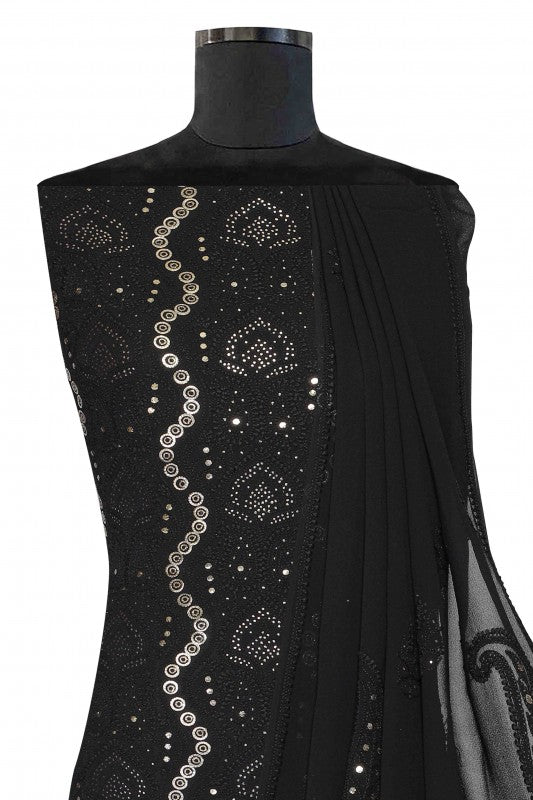 Ada Hand Embroidered Black Pure Georgette Chikan Unstitched Kurta Dupatta Set With Muqaish Work- A303052