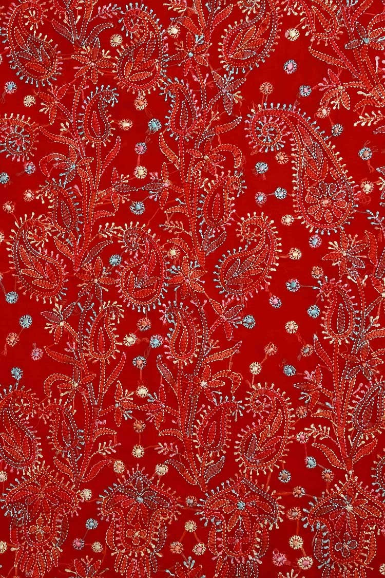 Ada Hand Embroidered Red Georgette Lucknowi Chikankari Unstitched Suit Piece A211176