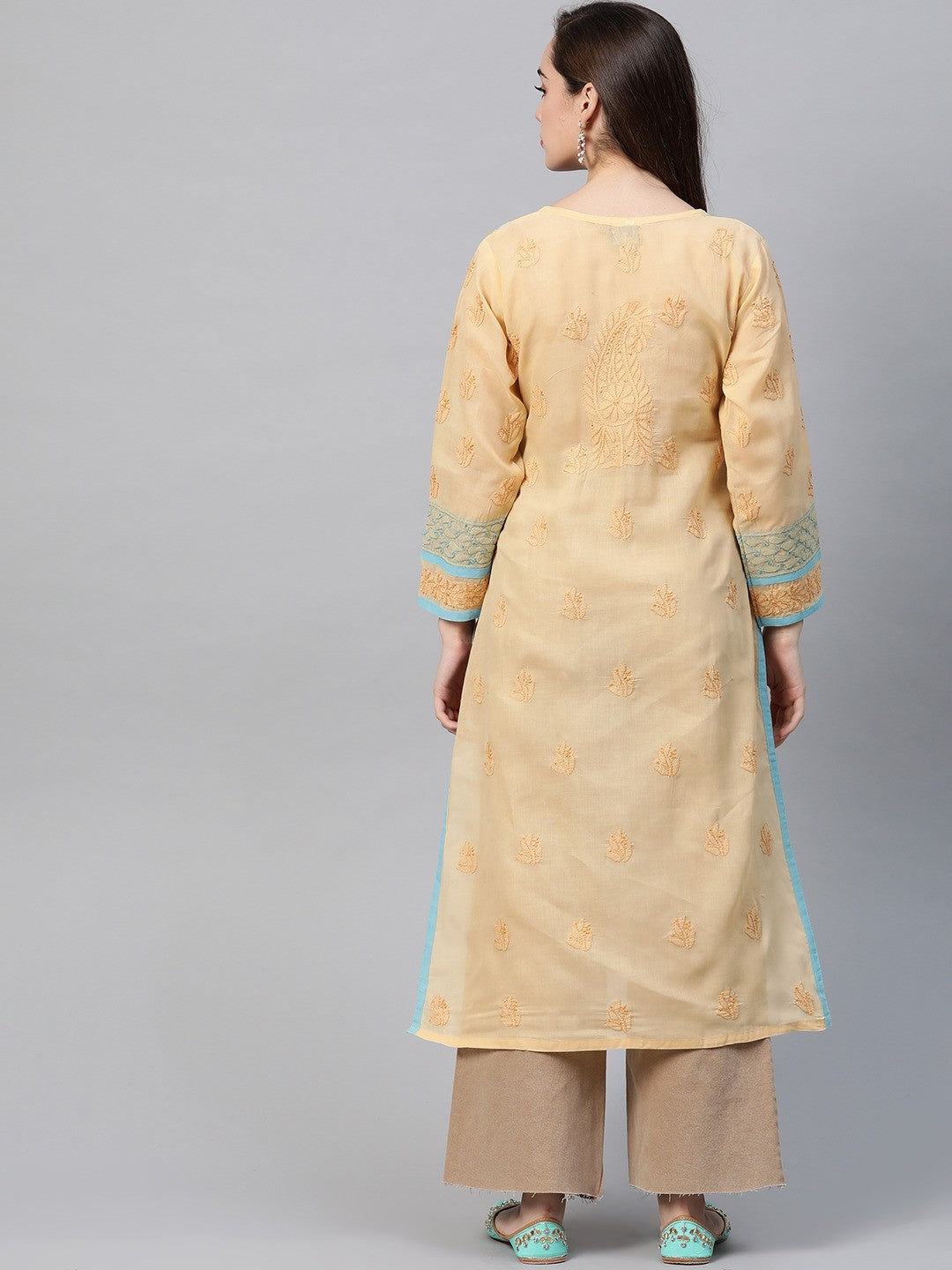 Ada Hand Embroidered Fawn Cotton Lucknowi Chikankari Straight Kurta A273457