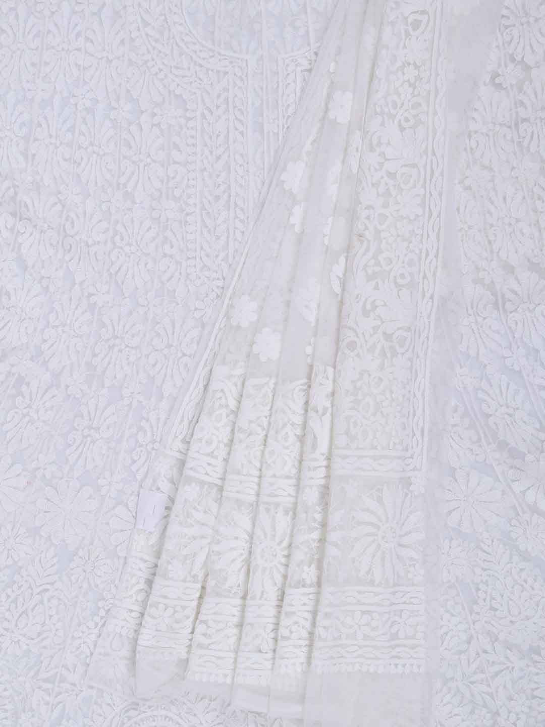 Ada Hand Embroidered White Net Lucknowi Chikankari Semi-stitched Anarkali Kurta Dupatta Set 01A167418