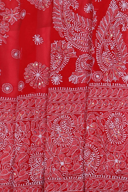 Ada Hand Embroidered Red Georgette Lucknowi Chikankari Saree/Blouse with Sequinned work 01A108206