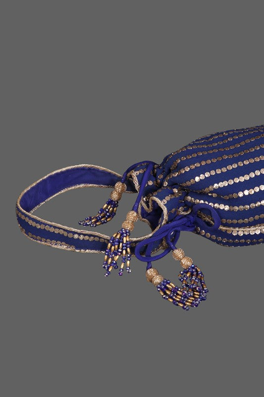 Ada Hand Embroidered Royal Blue Georgette Lucknowi Chikankari Potli Bag With Muqaish Work 01A125330