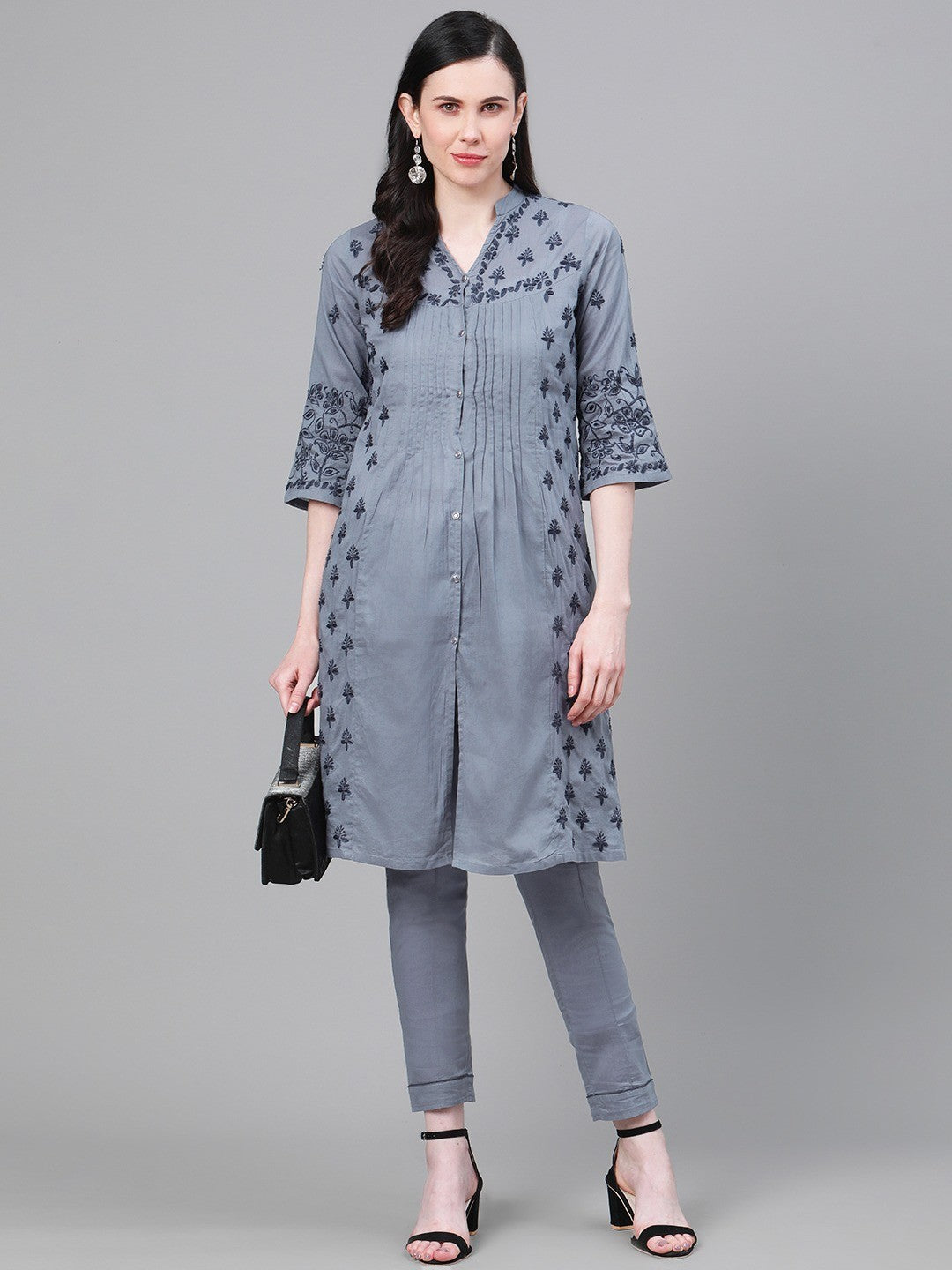 Ada Hand Embroidered Grey Cotton Lucknowi Chikankari Straight Kurta With Trouser Set A811156