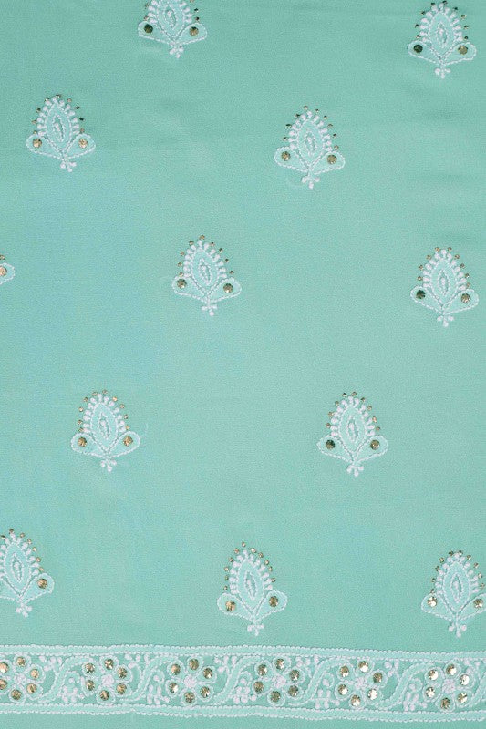 Ada Hand Embroidered Sea Green Pure Georgette Lucknowi Chikan Unstitched Kurta Dupatta With Muqaish Work–A594269
