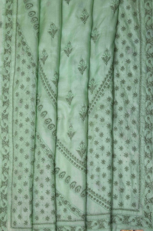 Ada Hand Embroidered Sea Green Silk Lucknowi Chikankari Saree With Blouse-A608646