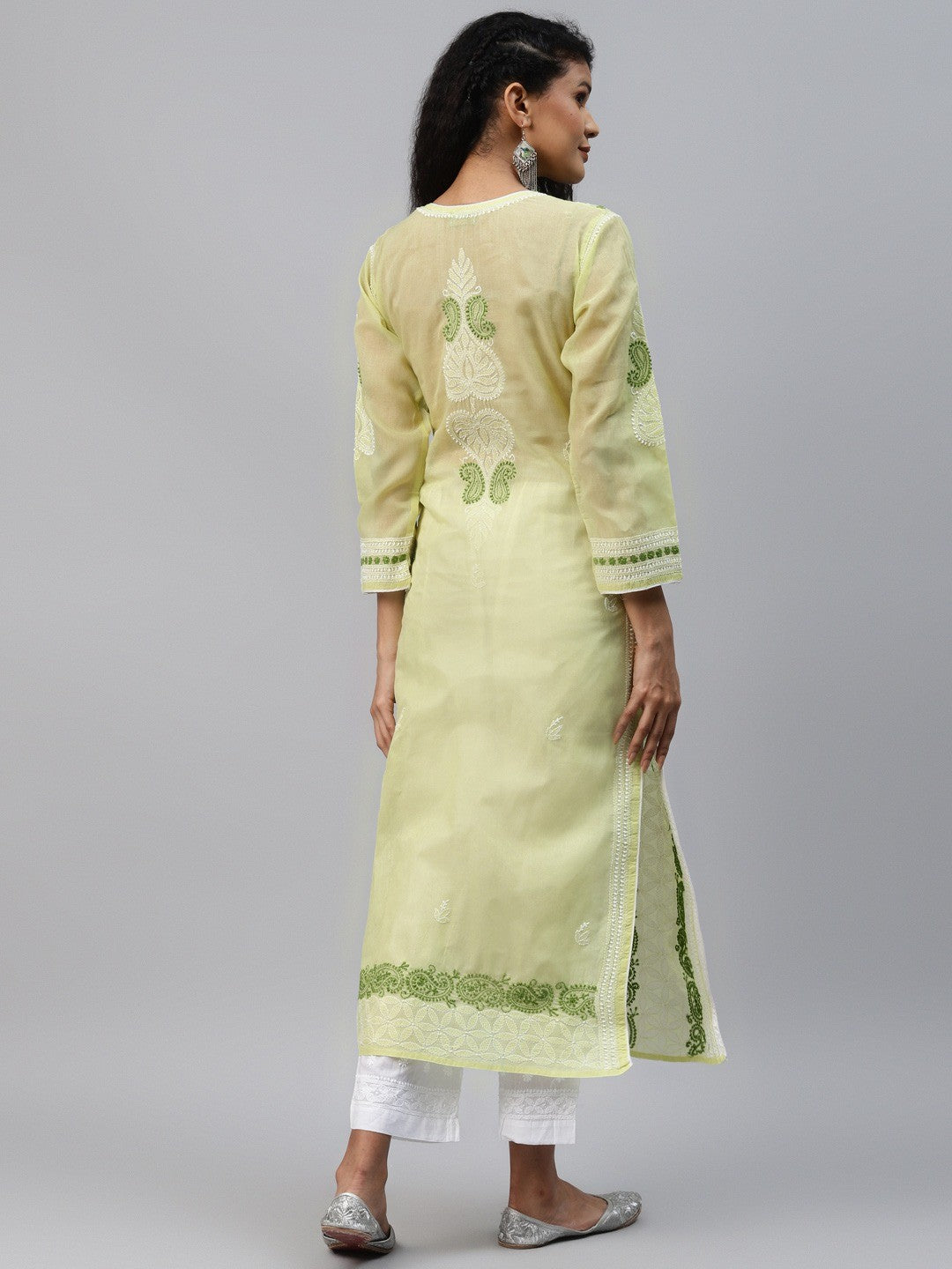 Ada Hand Embroidered Green Cotton Lucknowi Chikankari Straight Kurta A241619
