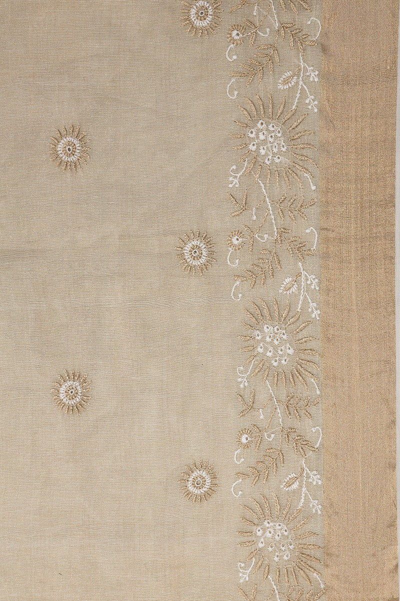Ada Hand Embroidered Natural Fawn Tissue Lucknowi Chikankari Saree With Blouse A615145