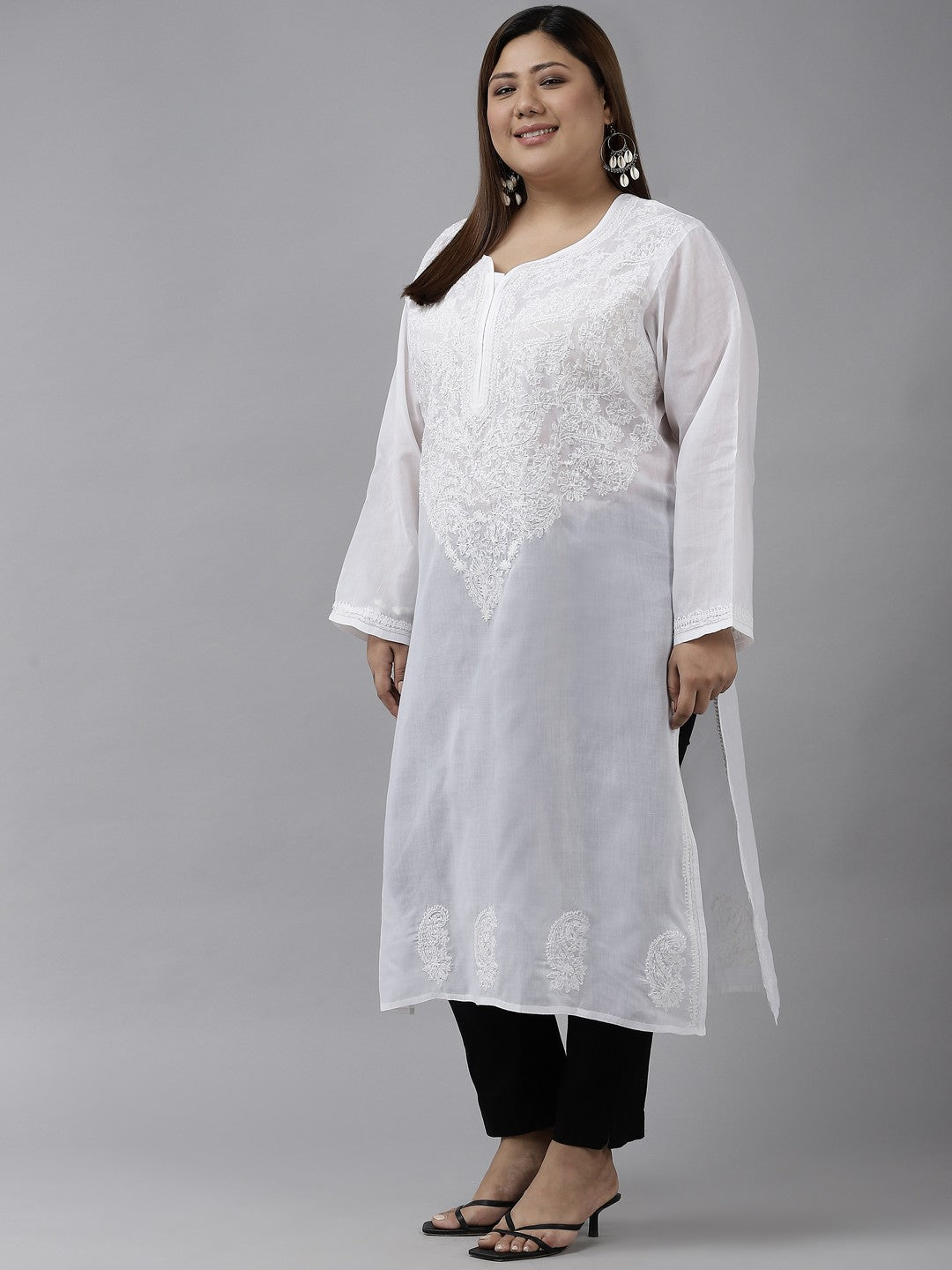 Ada Hand Embroidered White Cotton Lucknowi Chikankari Straight Kurta A227625