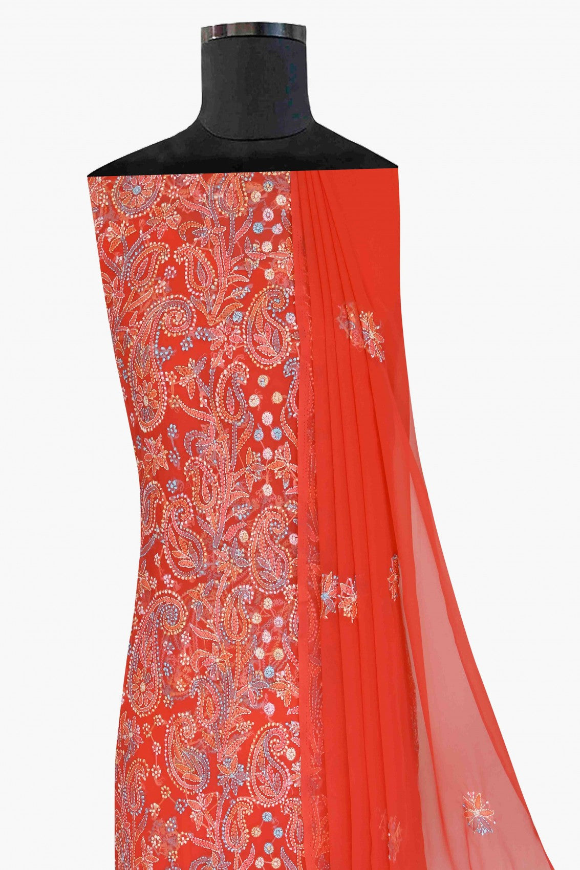 Ada Hand Embroidered Carrot Pink Georgette Lucknowi Chikankari Unstitched Suit Piece A211177