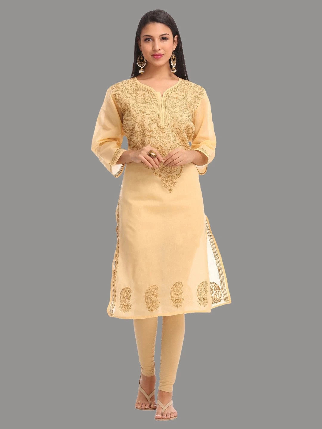 Ada Hand Embroidered Fawn Cotton Lucknowi Chikankari Straight Kurta A227141