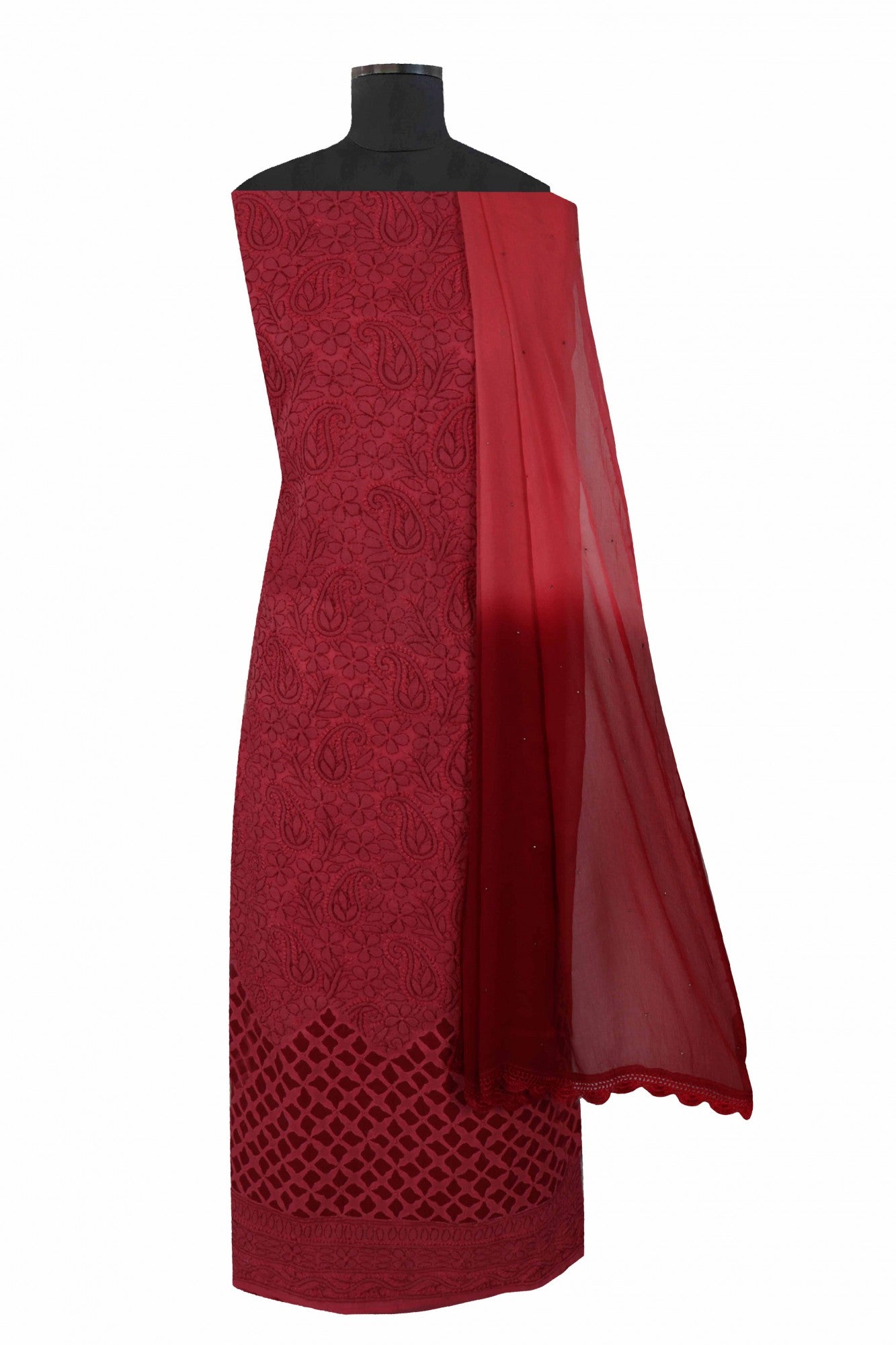 Ada Hand Embroidered Maroon Cotton Lucknowi Chikankari Unstitched Suit Piece 01A177890