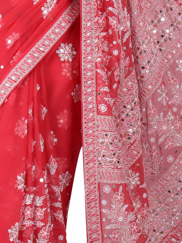 Ada Hand Embroidered Carrot Pink Georgette Lucknowi Chikankari Saree/Blouse With Gota Patti Work A621565