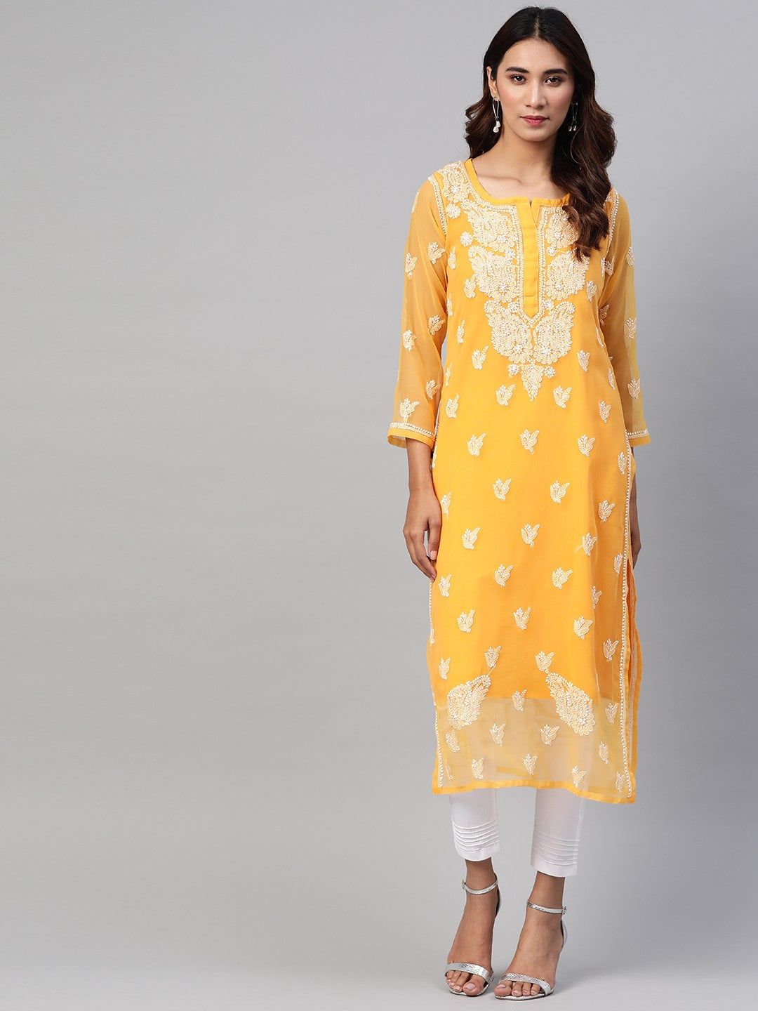 Ada Hand Embroidered Mustard Georgette Lucknowi Chikankari Straight Kurta Set With Slip A811164