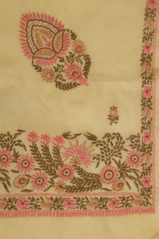 Ada Hand Embroidered Custard Cream Lucknow Chikankari Woolen Stole A222653