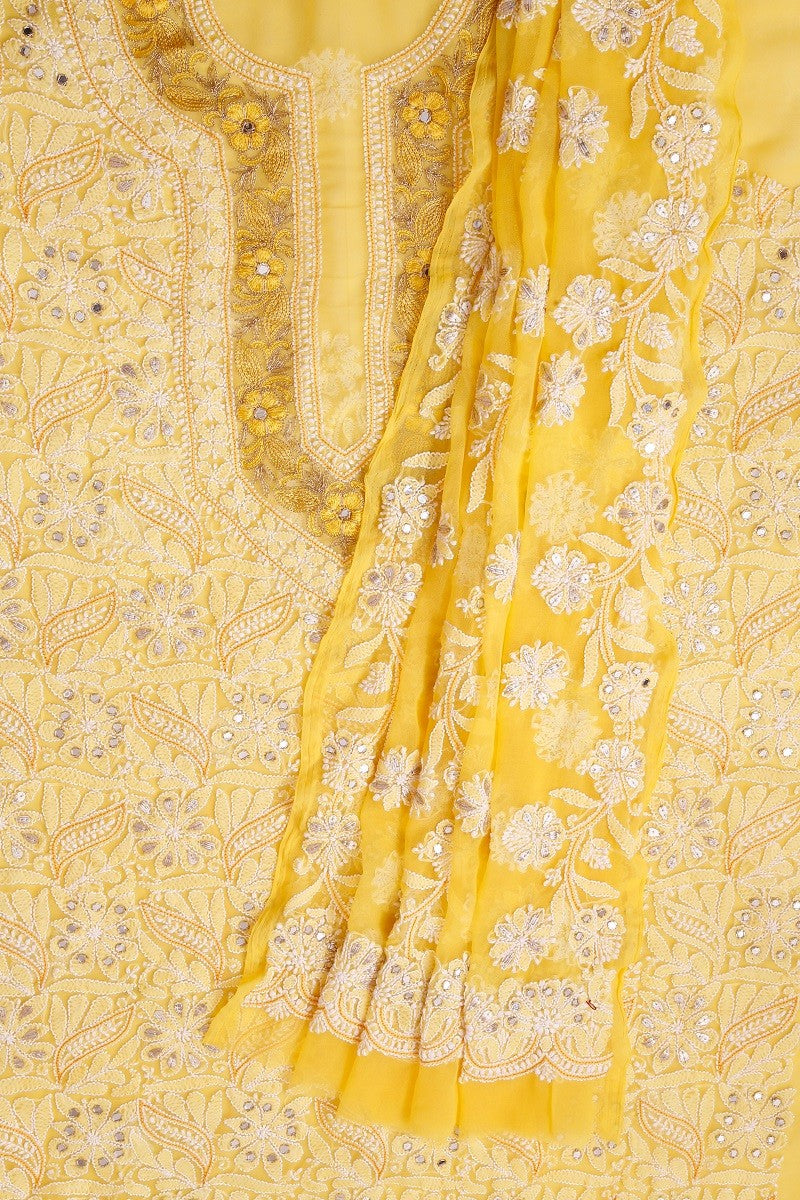 Ada Hand Embroidered Sunglow Yellow Georgette Lucknowi Chikan Unstitched Kurta Dupatta with Gota patti Work A576962