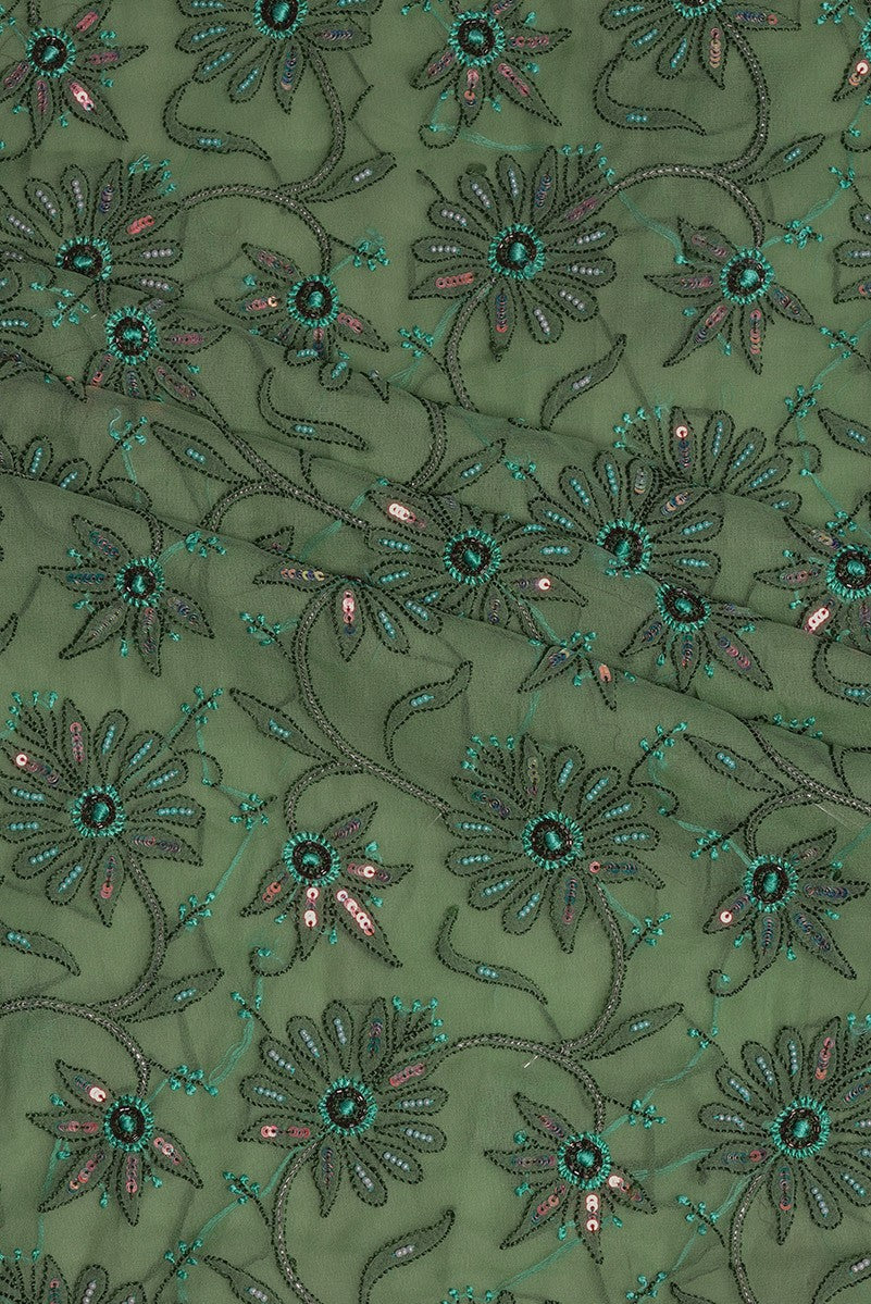 Ada Hand Embroidered Green Georgette Lucknowi Chikan Unstitched Kurta Piece with Pearl & Sequinned Work A31013