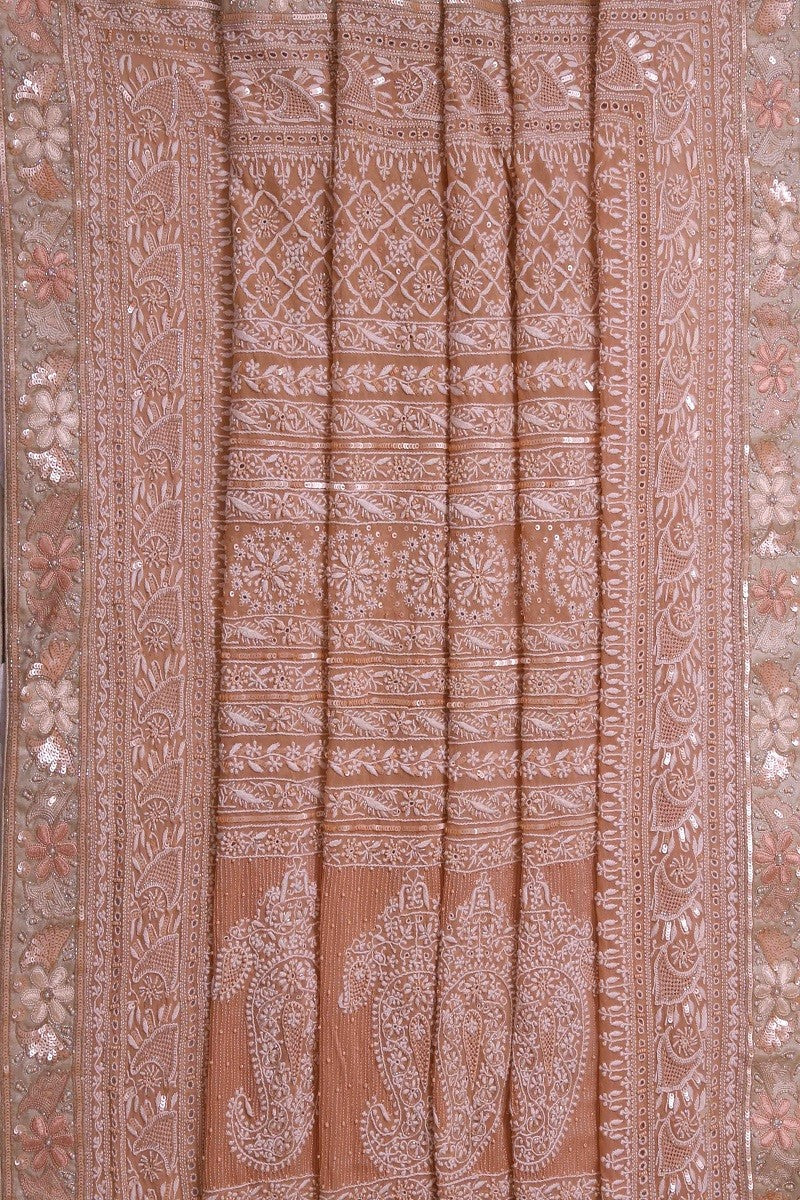 Ada Hand Embroidered Peach Pure Georgette Lucknowi Chikankari Saree/Blouse With Pearl & Sequinned Work -A230256